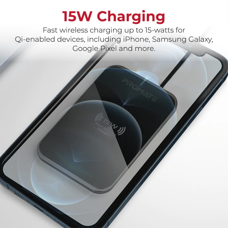 Promate | AuraCard-15W | 15W Fast Charging Slim Metallic Wireless Charger