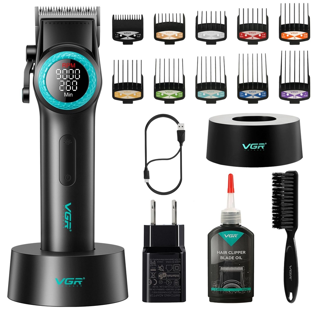 VGR 001 Professional Hair Clippers for Men Cordless Barber Clippers with Carbon Steel Blades 9000RPM LED Display for Precise Hair Cutting |V-001|