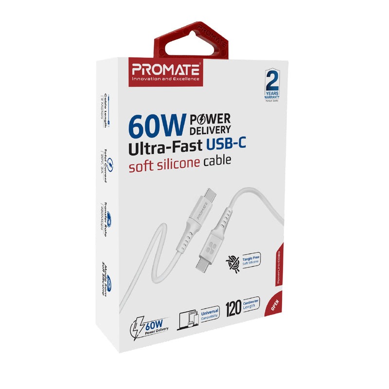 Promate 60W Power Delivery Ultra-Fast USB-C Soft Silicone Cable |PowerLink-CC120|