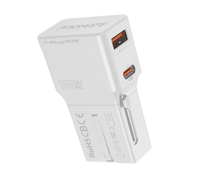 Promate Sleek Universal Power Plug with 18W Power Delivery and Quick Charge