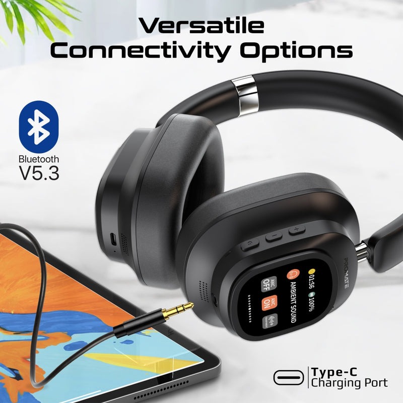Promate High Definition Hybrid ANC Headphones with Detachable Magnetic LCD Touch Screen Controller |VuTune|