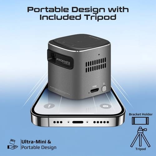 Promate Ultra Mini 1080P Rechargeable Auto Vertical Touch Control Wireless DLP Projector |CubeCast|