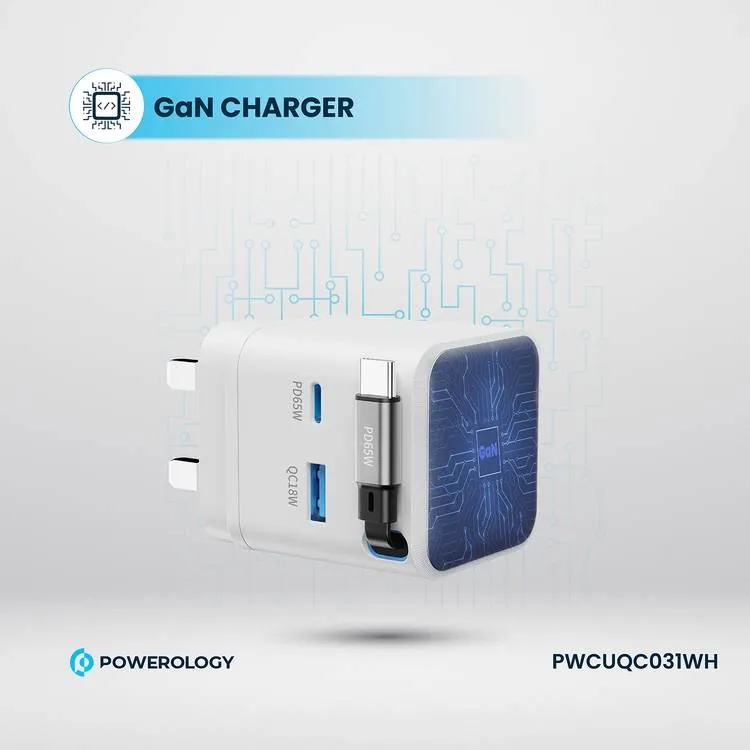 Powerology Dual Port Retractable GaN Charger 65W Fast Charging USB C & USB A Ports 3 Device Charging 75cm Retractable Cable Fireproof Design |PWC031||PWCUQC031|