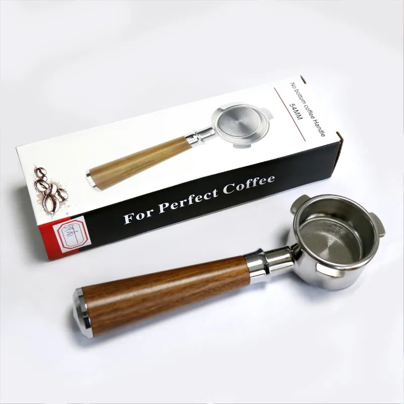 54mm Bottomless Coffee Portafilter with 3 Ears – Wooden Handle, Compatible with Most Espresso Machines