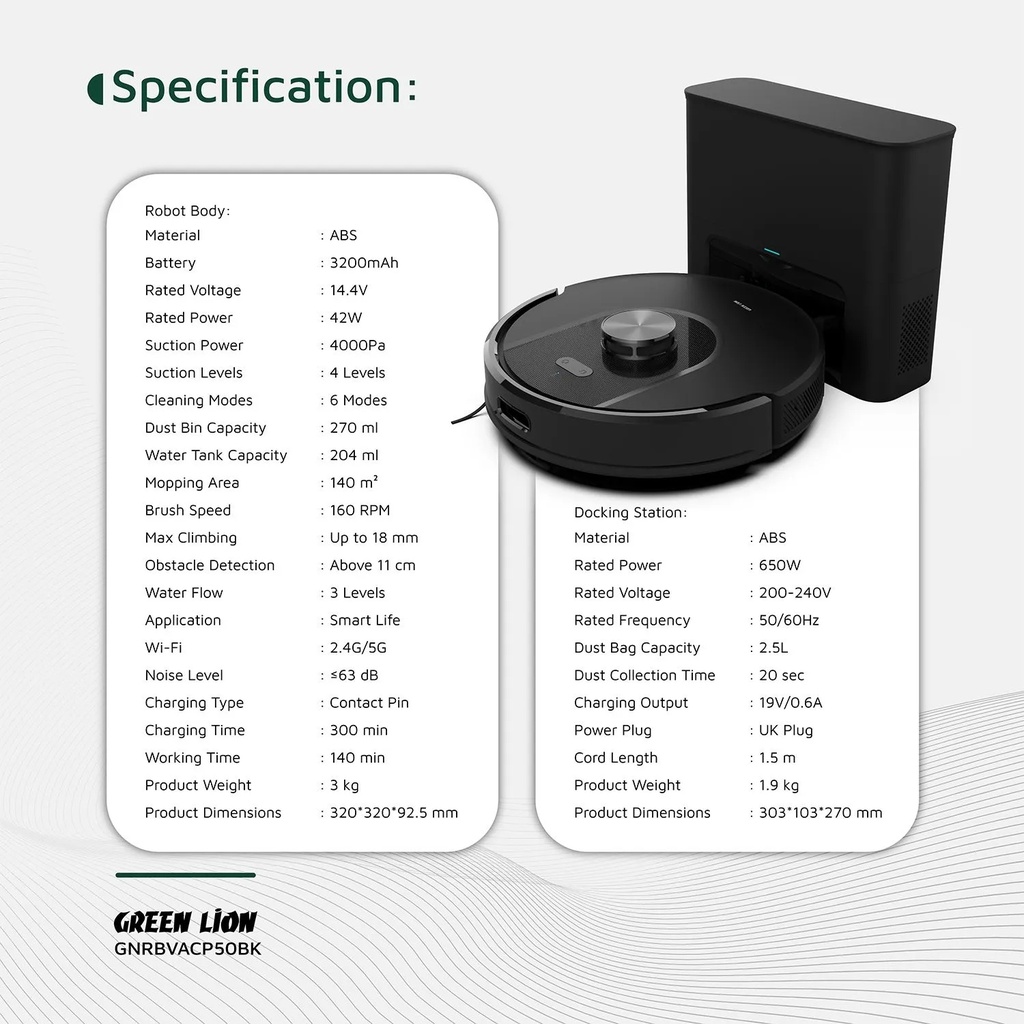 Green Lion Smart Robot Vacuum Pro – 4000Pa Suction, 360° LiDAR Navigation, Self-Empty Dock, 140min Runtime | GNRBVACP50BK |