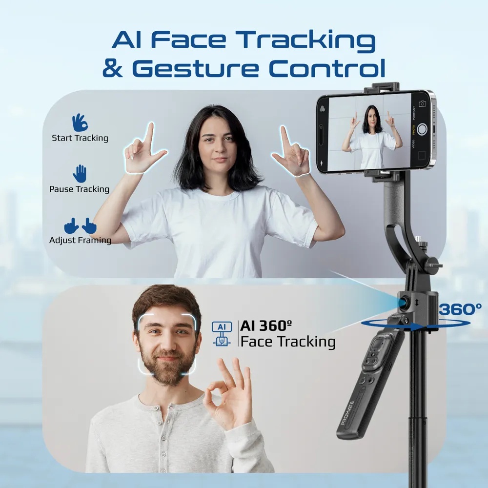 Promate Smart Tripod – 176cm Telescopic Rod, Auto‑Pop Base, 360° AI Face Tracking, Gesture Control, Dual Mount Clamp, Magnetic Bluetooth 5.4 Remote | TriPop‑Ai |