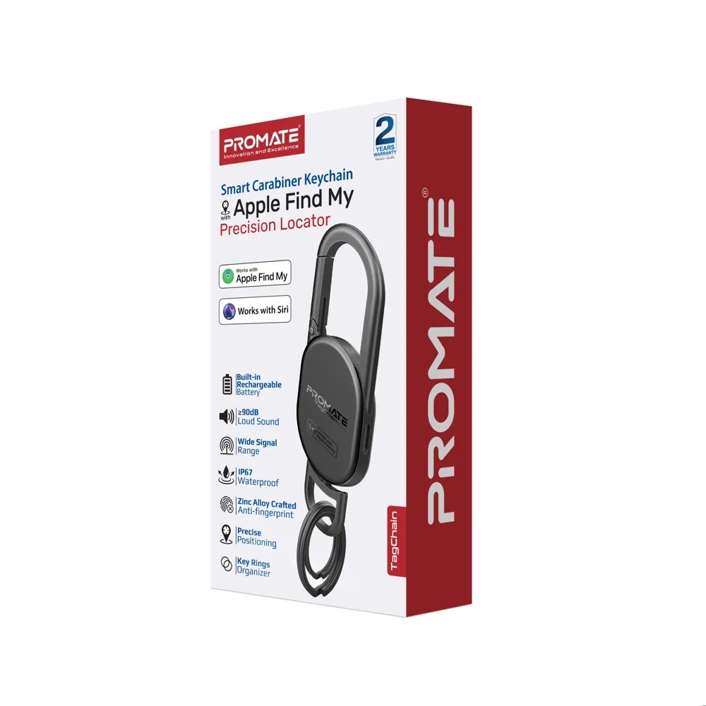 Promate Smart Carabiner Keychain – Apple Find My Compatible, IP67 Water-Resistant, Rechargeable Battery, 90dB Sound Alert, 50m Range, Ideal for Bags, Pet Collars, Keys & Luggage | TagChain |