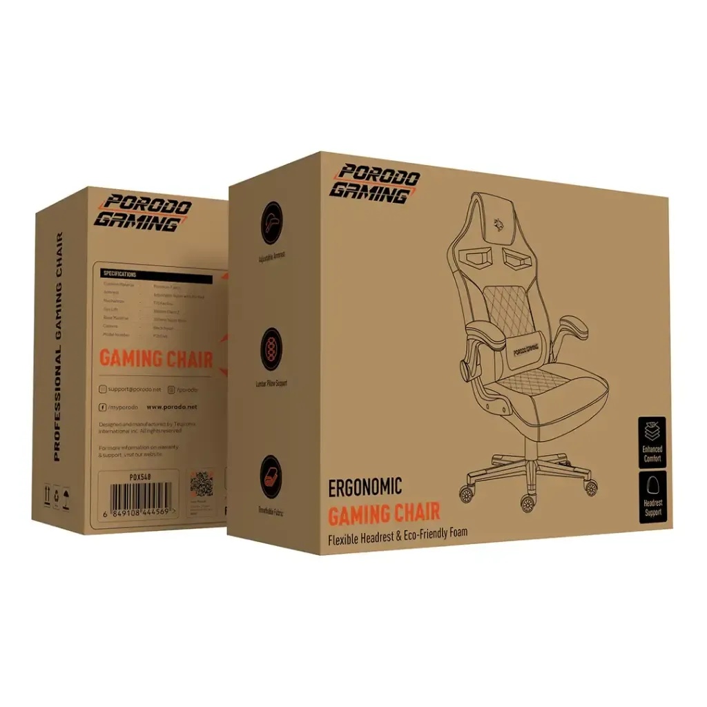 Porodo Gaming Ergonomic Chair – PDX548 Adjustable Gamer Seat with Fabric Cushioning, High Comfort Design | PDX548 |