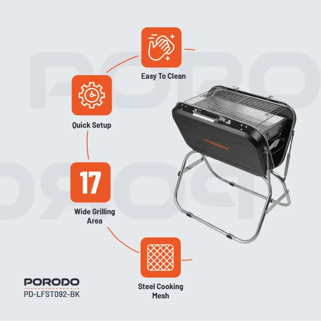 Porodo Lifestyle Portable Folding BBQ Grill – Compact Outdoor Stainless Steel Grilling Station for Travel & Picnic | PD‑LFSTO92‑BK |