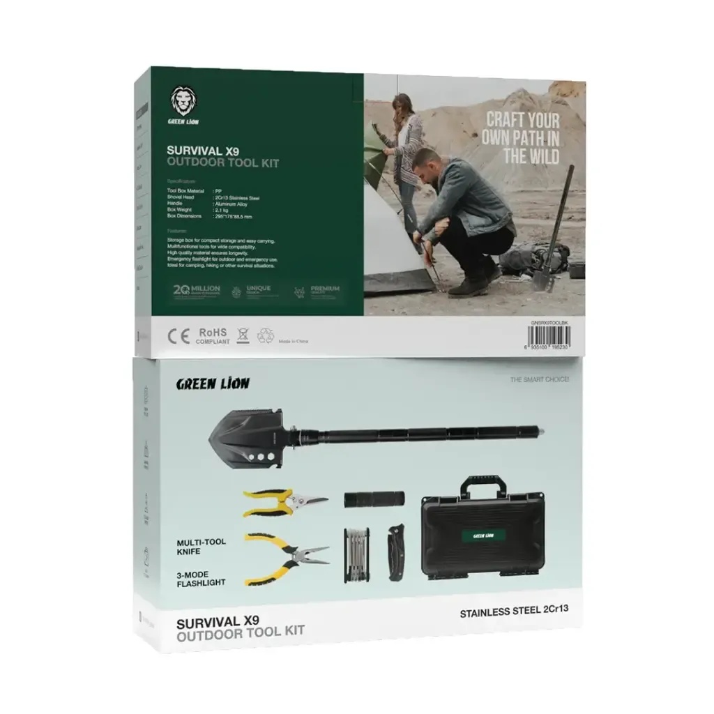 Green Lion Survival X9 Outdoor Tool Kit – Foldable Shovel Set with LED Flashlight, Wire Cutter & Multi-Tool for Camping, Hiking & Emergency | GNSRX9TOOLBK |
