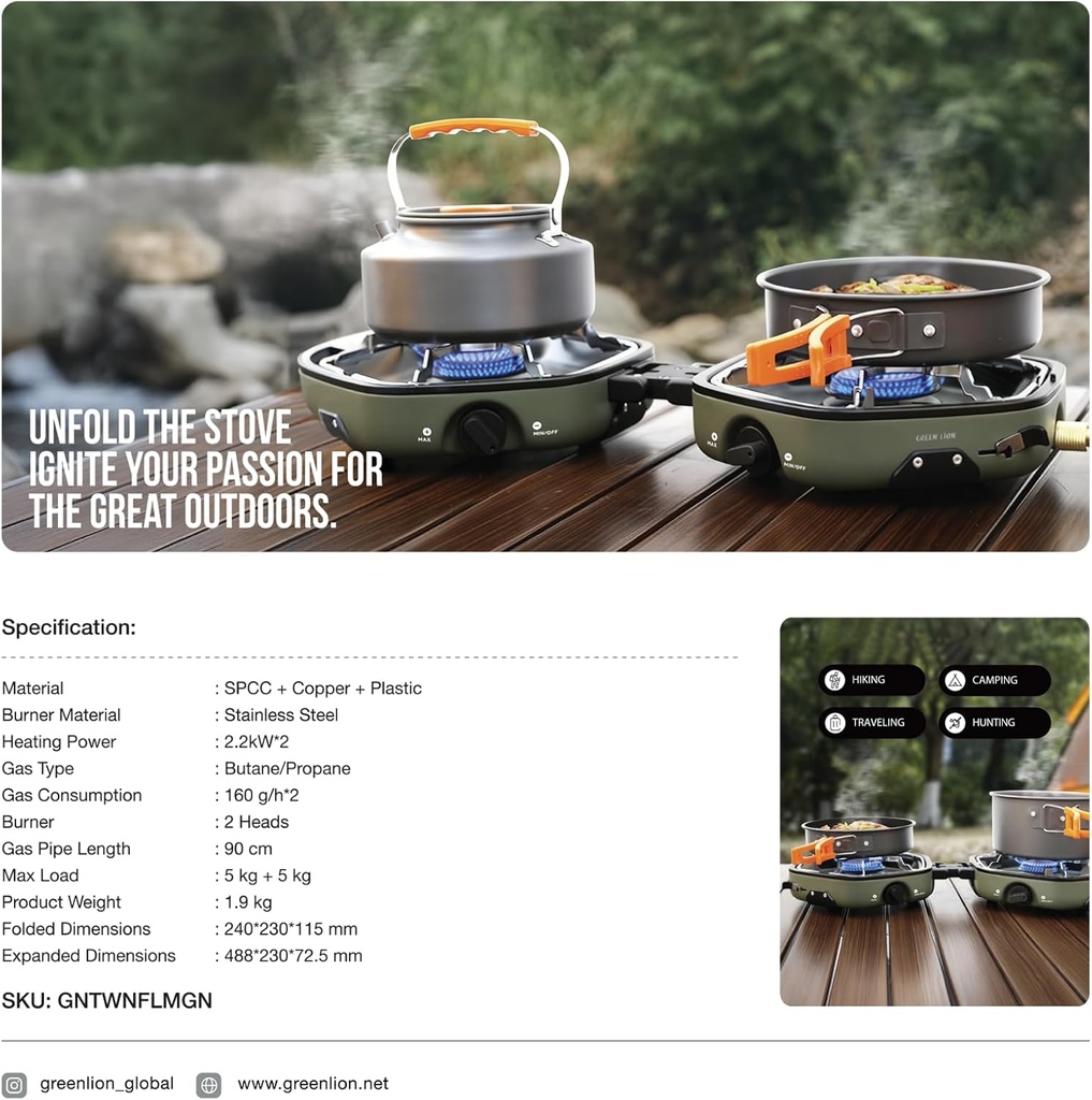 Green Lion Twin Flame Foldable Camping Stove, 160 g/h*2 Gas Consumption, Piezoelectric Ignition, Heat Resistant Shell, 5 kg + 5 kg Max Load, Non-Slip Rack, Adjustment Knobs-Green |GNTWNFLMGN|