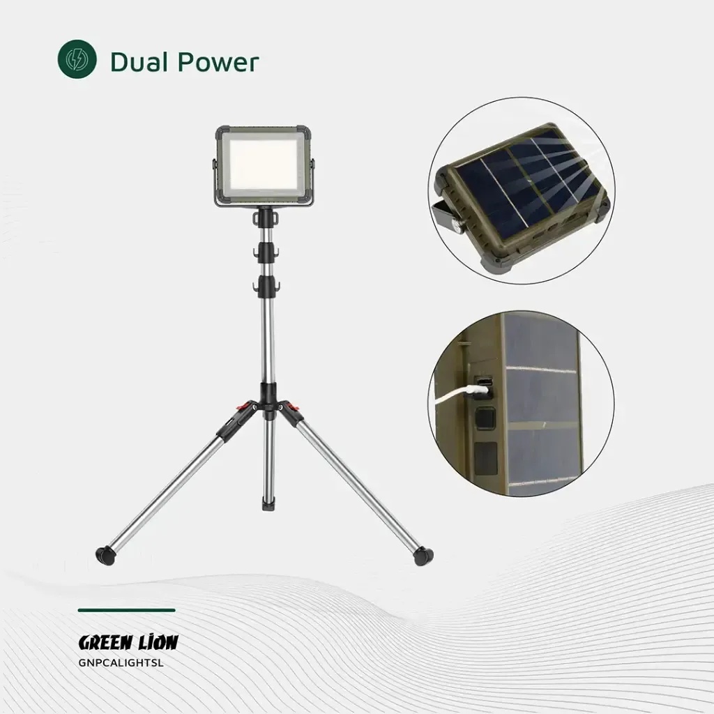 Green Lion Solar Camping Light – 25W LED, 1500lm, 7200mAh, 210cm Tripod, 360° Rotation, IP65, Type-C & Solar Input | GNPCALIGHTSL |