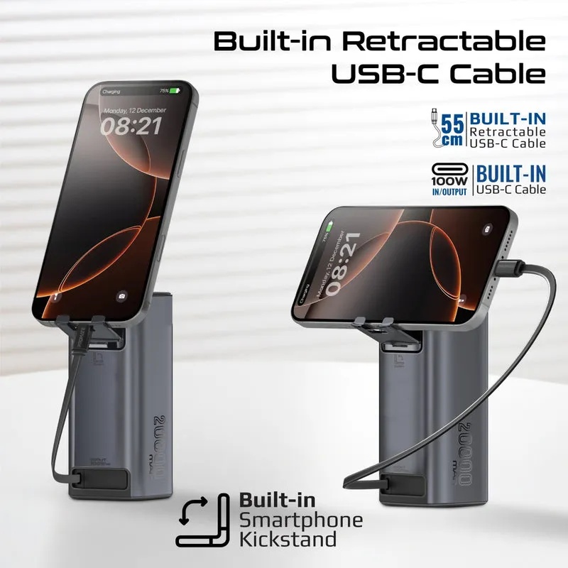 Promate Ultra-Compact 130W Multi-Port Power Bank, 20000mAh with Retractable USB-C Cable and TFT LCD Screen | Titan-130RC |