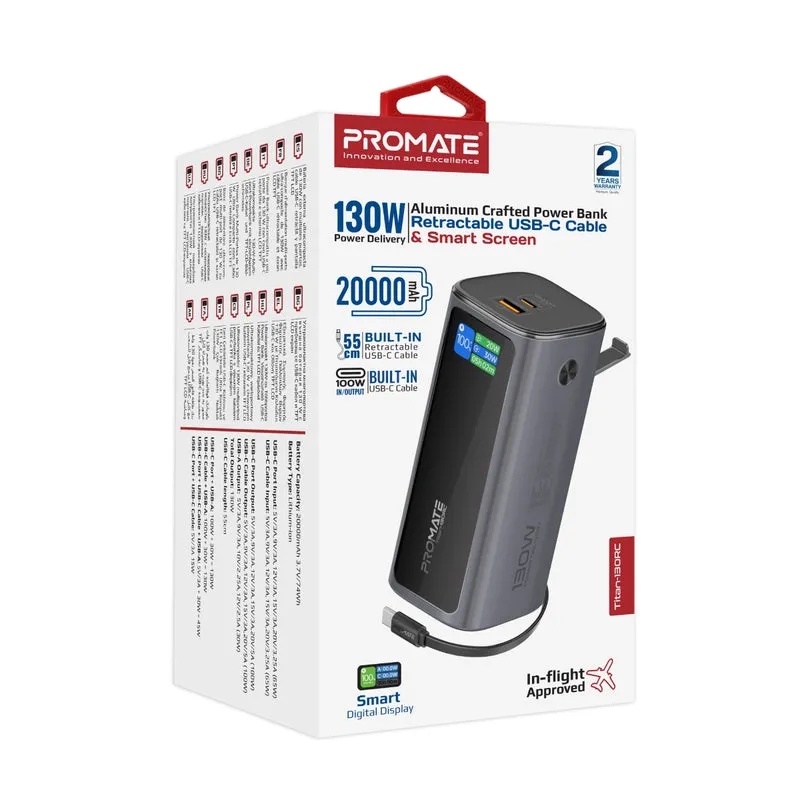 Promate Ultra-Compact 130W Multi-Port Power Bank, 20000mAh with Retractable USB-C Cable and TFT LCD Screen | Titan-130RC |