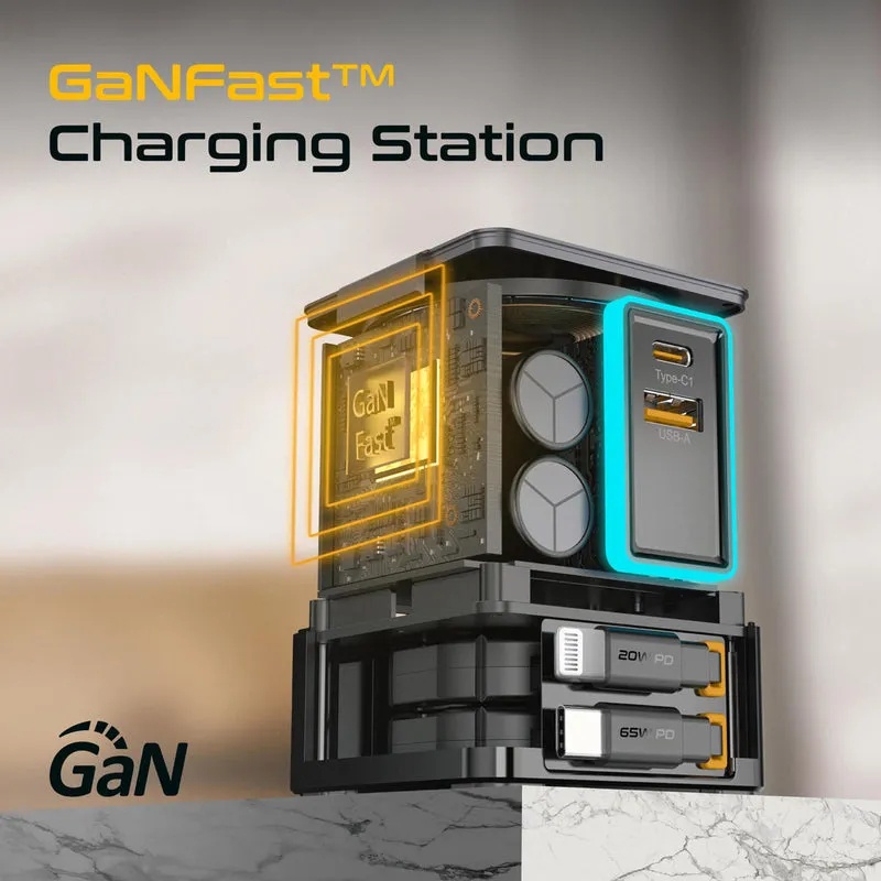 Promate 105W GaNFast Multi-Port Wireless Charging Station with Dual Retractable Cables | PowerSync-105 |