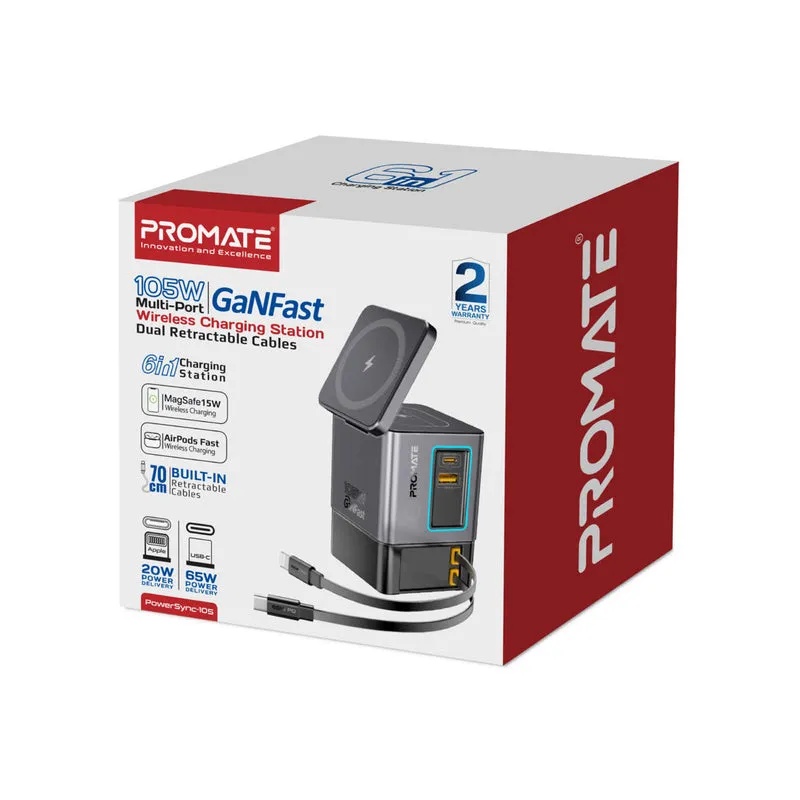 Promate 105W GaNFast Multi-Port Wireless Charging Station with Dual Retractable Cables | PowerSync-105 |