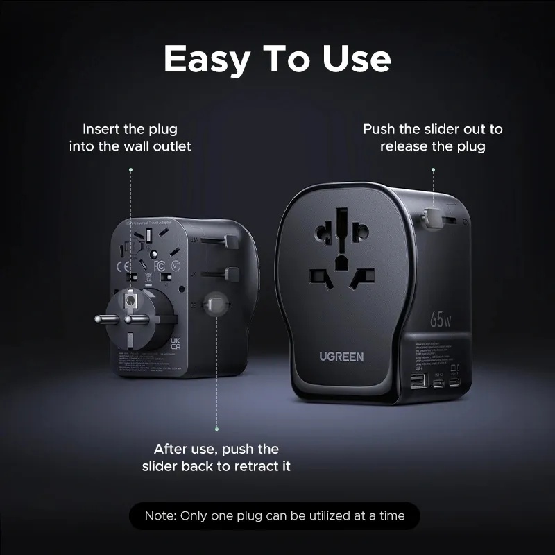 UGREEN 65W GaN Universal Travel Charger with 3 USB Ports (2 USB-C + 1 USB-A) & AC Socket – PD Fast Charging | S550 / 55001 |
