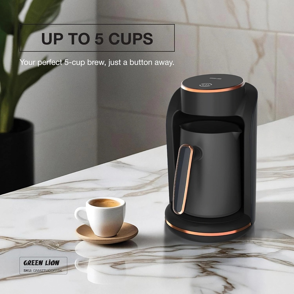 Green Lion Mazaj Turkish Coffee Maker 600W 250mL Capacity 5-Cup One-Touch Brewing - Fast Brewing with Auto Shut-Off and Overflow Protection | GNMZTUCOFFBK |