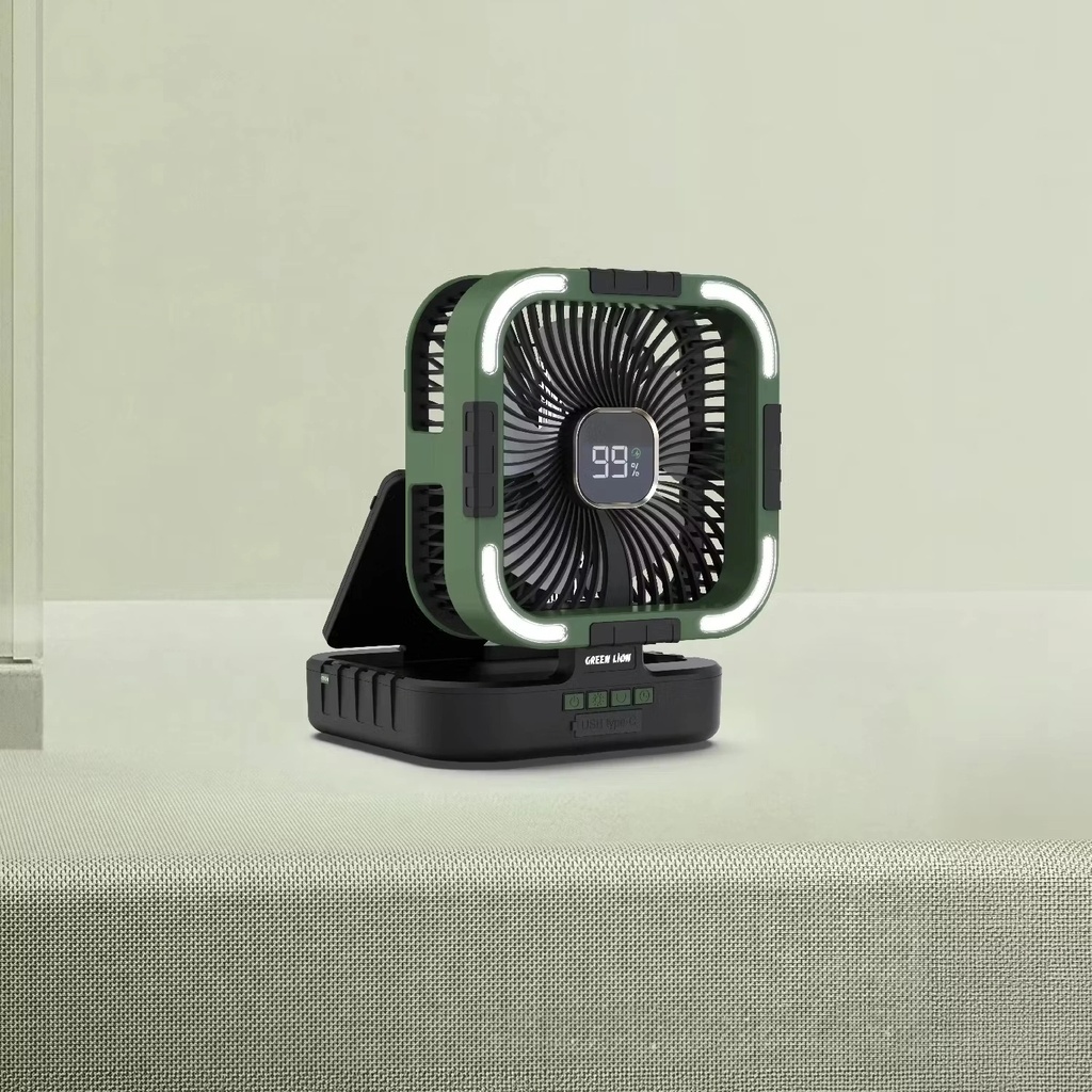 Green Lion 3-in-1 Solar Fan 10000mAh Battery 10W 6-Speed LED Light Power Bank - Portable Rechargeable Fan with Solar Charging | GNPF25SOLFNBK |