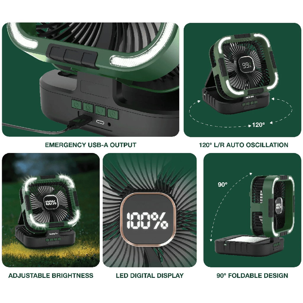 Green Lion 3-in-1 Solar Fan 10000mAh Battery 10W 6-Speed LED Light Power Bank - Portable Rechargeable Fan with Solar Charging | GNPF25SOLFNBK |