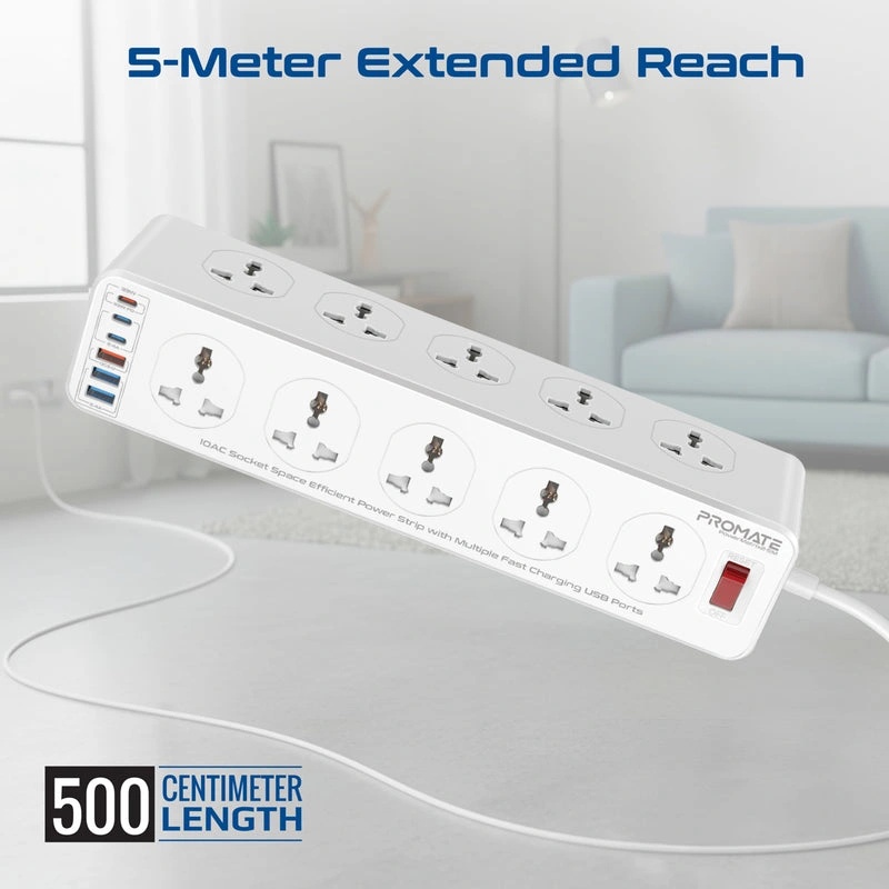 PROMATE Power Strip 2500W 10 AC Sockets 6 USB Ports 33W Fast Charging 5M Cable - Space-Efficient Extension with Surge Protection | PowerMatrix2-5M |