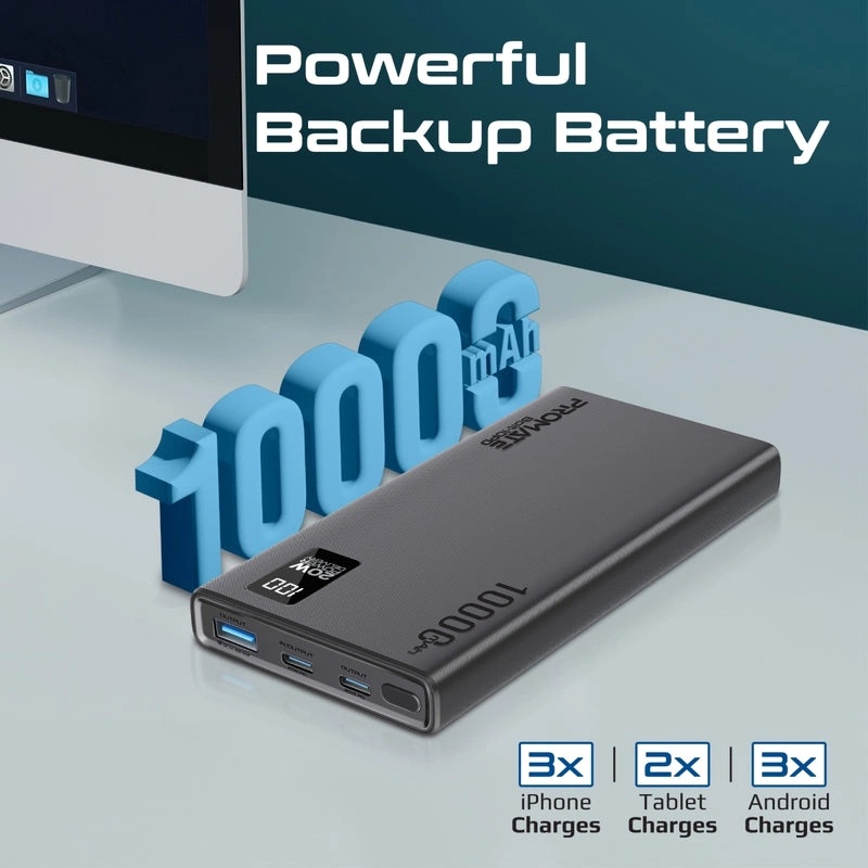 PROMATE Power Bank 10000mAh 20W PD Dual USB-C 22.5W USB-A Fast Charging - Compact Portable Li-Polymer Battery Pack | Bolt-10PD |
