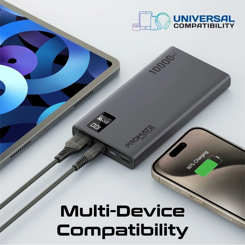 PROMATE Power Bank 10000mAh 20W PD Dual USB-C 22.5W USB-A Fast Charging - Compact Portable Li-Polymer Battery Pack | Bolt-10PD |