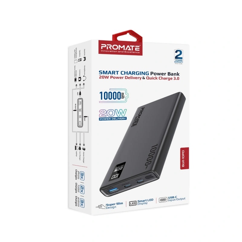 PROMATE Power Bank 10000mAh 20W PD Dual USB-C 22.5W USB-A Fast Charging - Compact Portable Li-Polymer Battery Pack | Bolt-10PD |