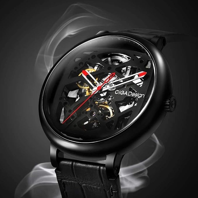 CIGA Design Automatic Mechanical Watch 44mm Skeleton Dial Seagull Movement 3ATM Water Resistance - Stainless Steel Watch with Black Leather Strap | Z021 |