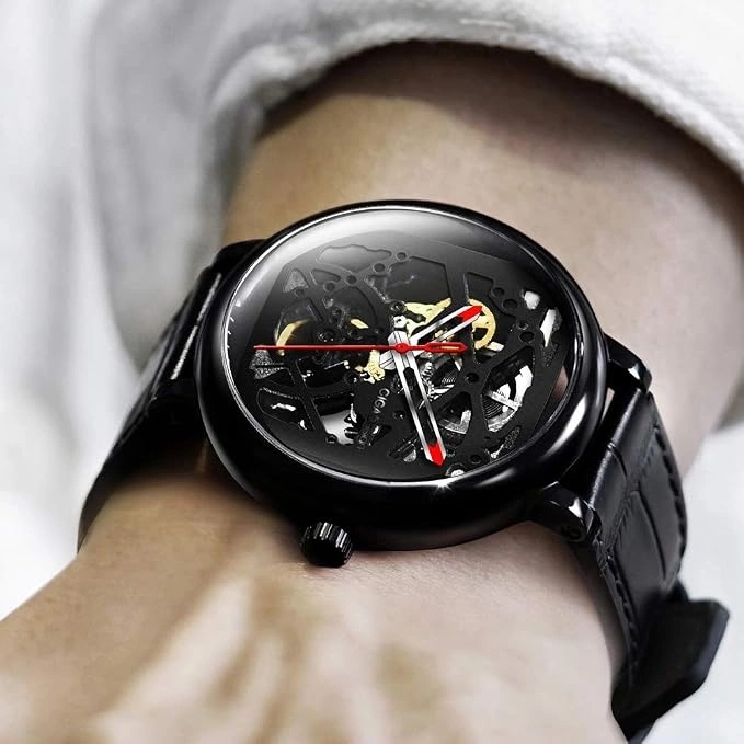CIGA Design Automatic Mechanical Watch 44mm Skeleton Dial Seagull Movement 3ATM Water Resistance - Stainless Steel Watch with Black Leather Strap | Z021 |