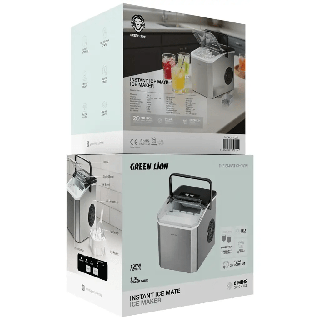 Green Lion Instant Ice Mate Ice Maker 1.3L Water Tank 10KG Daily Ice Production Self-Cleaning - Bullet Ice Machine with Touch Control | GNICEC7MKEGY |