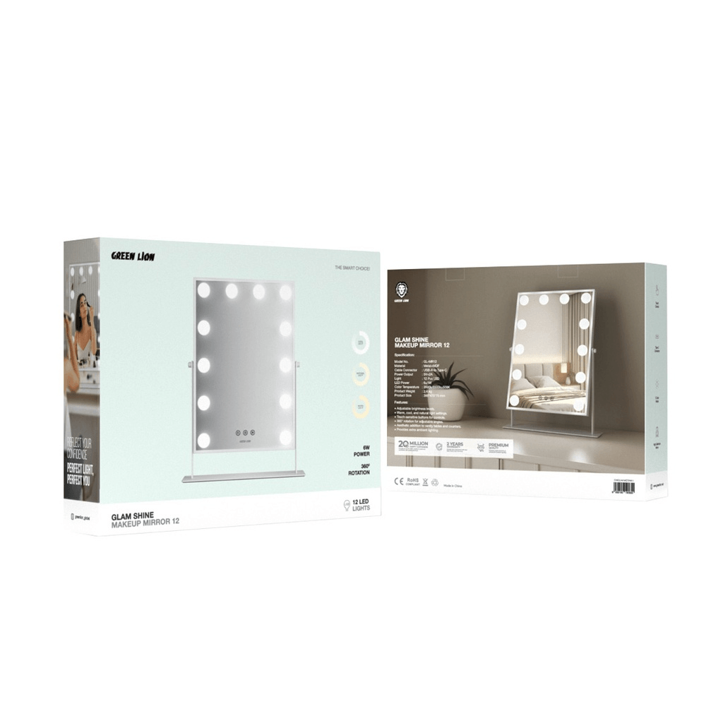 Green Lion Glam Shine Makeup Mirror with 12 LED Lights, 3 Color Modes, Touch Control & 360° Rotation - High Definition Beauty Mirror for Perfect Makeup Application | GNGLMAKE12WH |
