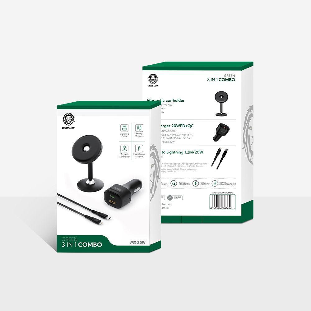 GREEN 3 IN 1 COMBO FAST CHARCHING CAR CHARGER WITH MAGNETIC CAR PHONE HOLDER & DATA CABLE | GN3IN1COMBO |