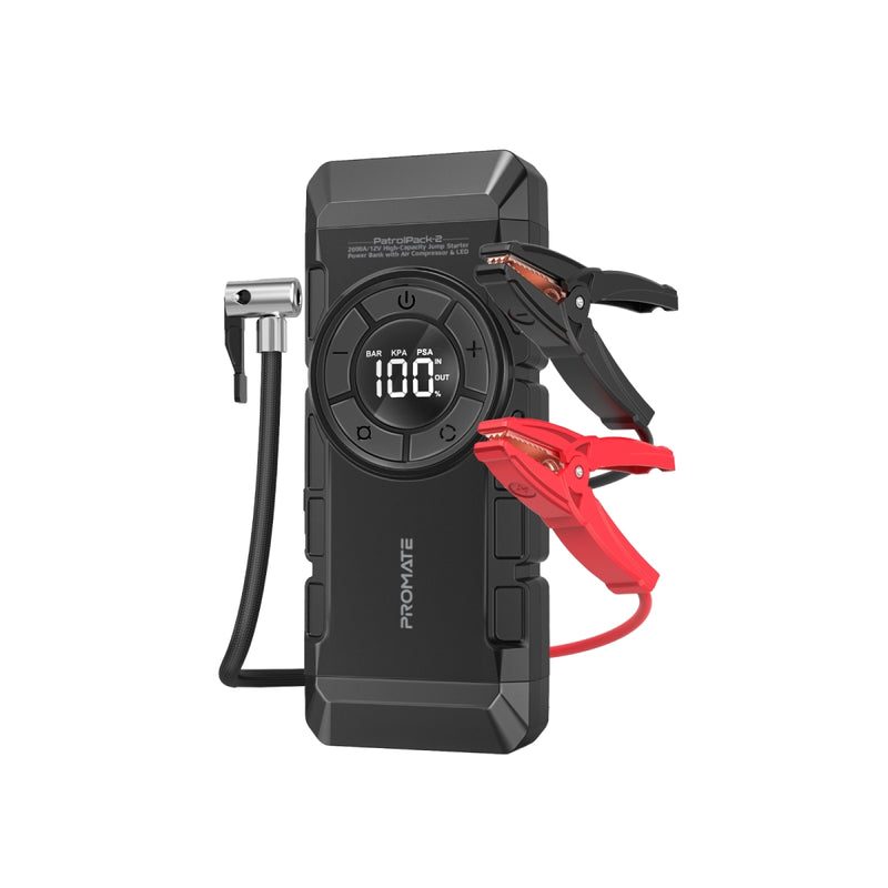 Promate 4 in 1 Kit 2000A/12V High-Capacity Jump Starter, Power Bank, Air Compressor & LED Flashlight | PatrolPack-2 |