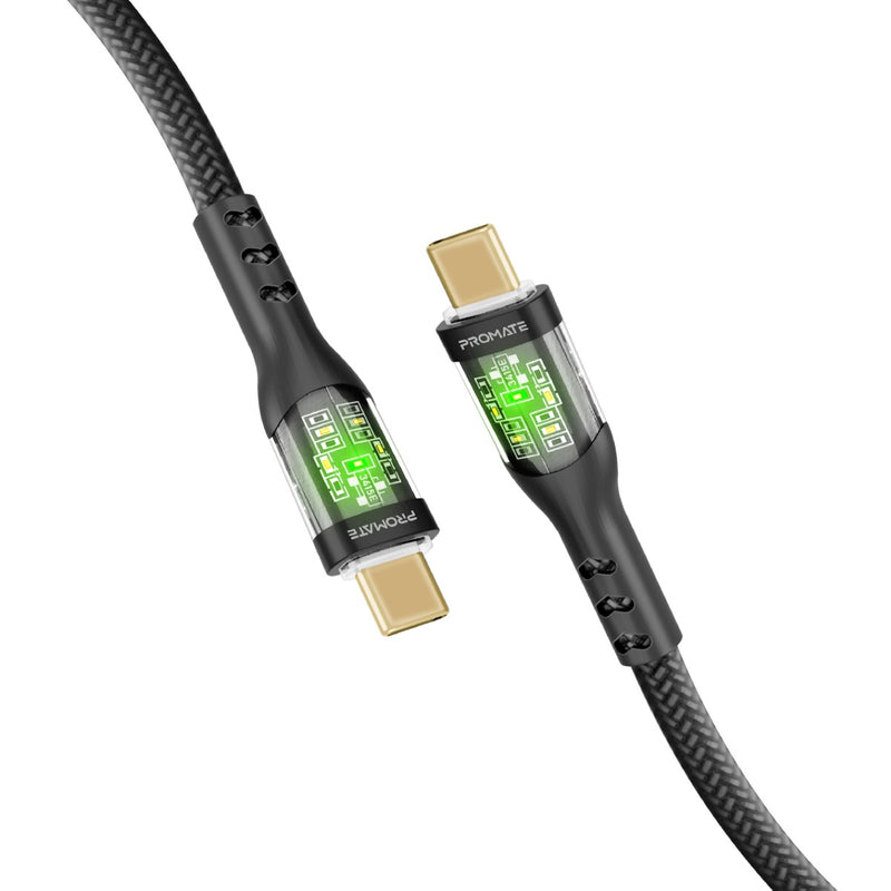 كابل شحن فائق السرعة بقدرة 60 واط مع دعم Power Delivery ‏USB-C بتصميم شفاف وإضاءة LED بطول 2 متر من بروميت | TransLine-CC200 |