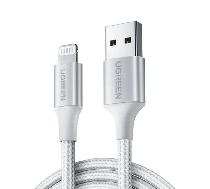UGREEN USB-A إلى كابل شحن لايتنينج مضفر من النايلون الفضي معتمد من Apple مزامنة سريعة غلاف من الألمنيوم الفضي |60161|
