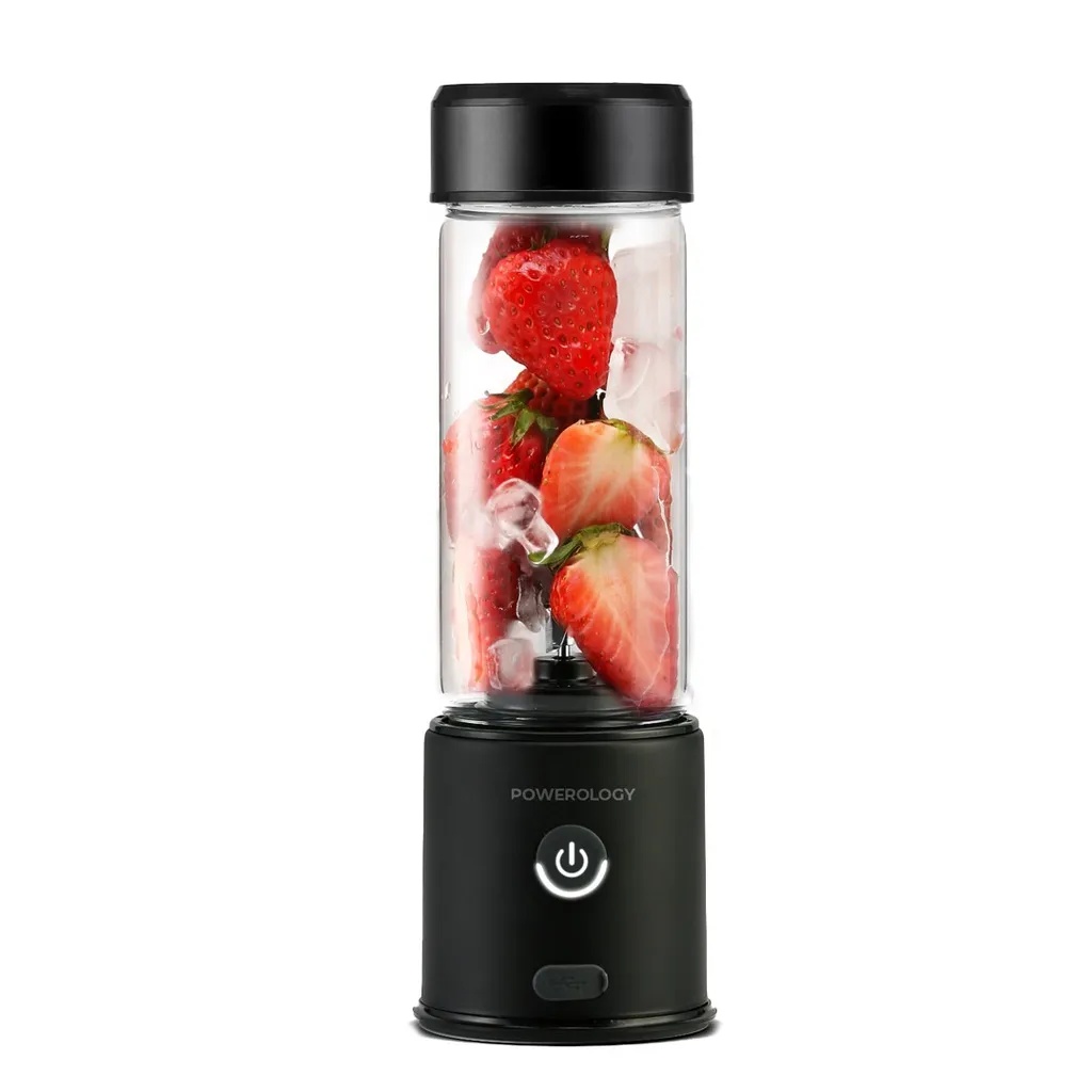 Powerology 6 Blade Portable Juicer 450mL 126W Rechargeable USB Type C Blender with Dual 2500mAh Battery Stainless Steel Ice Crushing Blades Borosilicate Glass Container |PN6BPJBK|