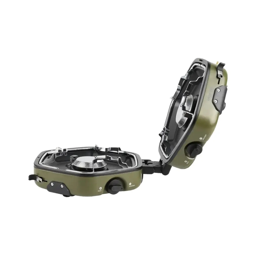 Green Lion Twin Flame Foldable Camping Stove – Dual Burners with 160g/h*2 Gas Consumption, Piezoelectric Ignition, Heat-Resistant Shell, 5kg + 5kg Max Load, Non-Slip Rack & Adjustment Knobs | GNTWNFLMGN |