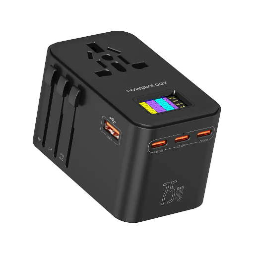 [12447] Powerology GaN 75W Universal Charger – 2500W Universal Travel Adapter with 3× USB-C, 1× USB-A & PD 70W Fast Charging | PWC041 | PWCUQC041 |
